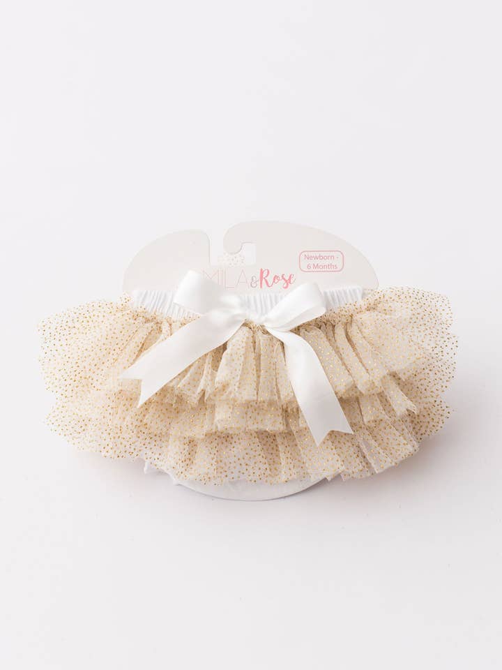 White & Gold Glitter Ruffle Tutu Bloomer for wholesale by Mila & Rose