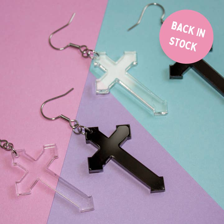 Gothic Cross Earrings Laser Cut Acrylic for wholesale by Kitschy