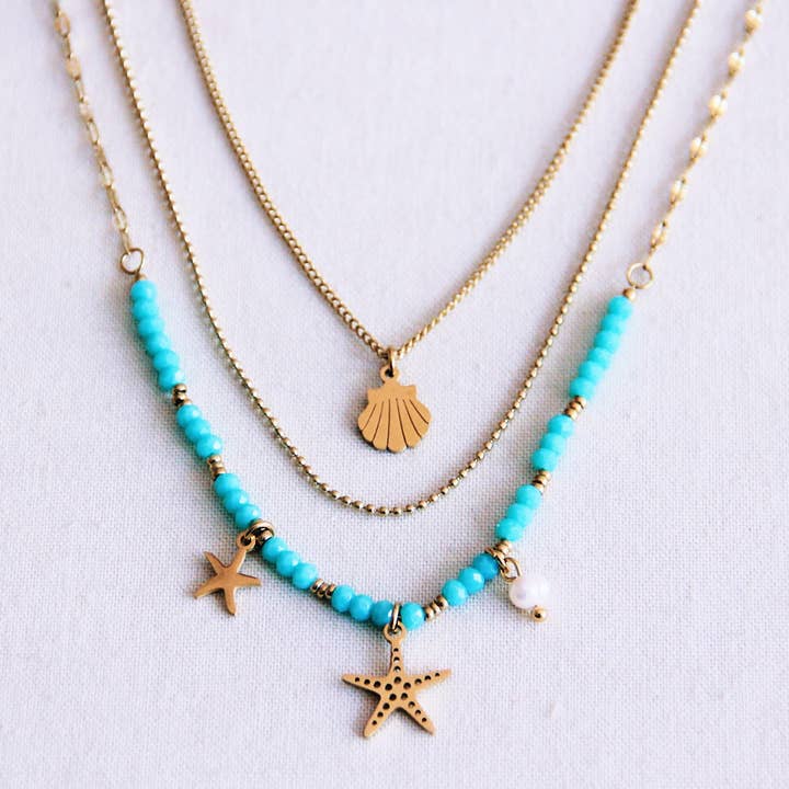 Bazou – Großhandel Kette mit Anhänger/Charm – Dreifachkette mit Seestern - Mint/Gold