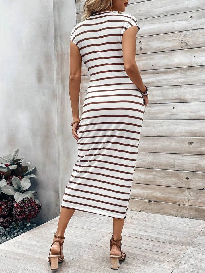HIDDENBRAND - Wholesale Dress - Women's - Elegant Waist Tie Striped Crew Neck Maxi Dress