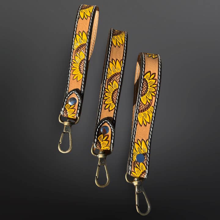 Westrian (Formerly Equipage) - Wholesale Keychain - Women's - Tooled Leather Sunflower Western Wrist Strap Keychain