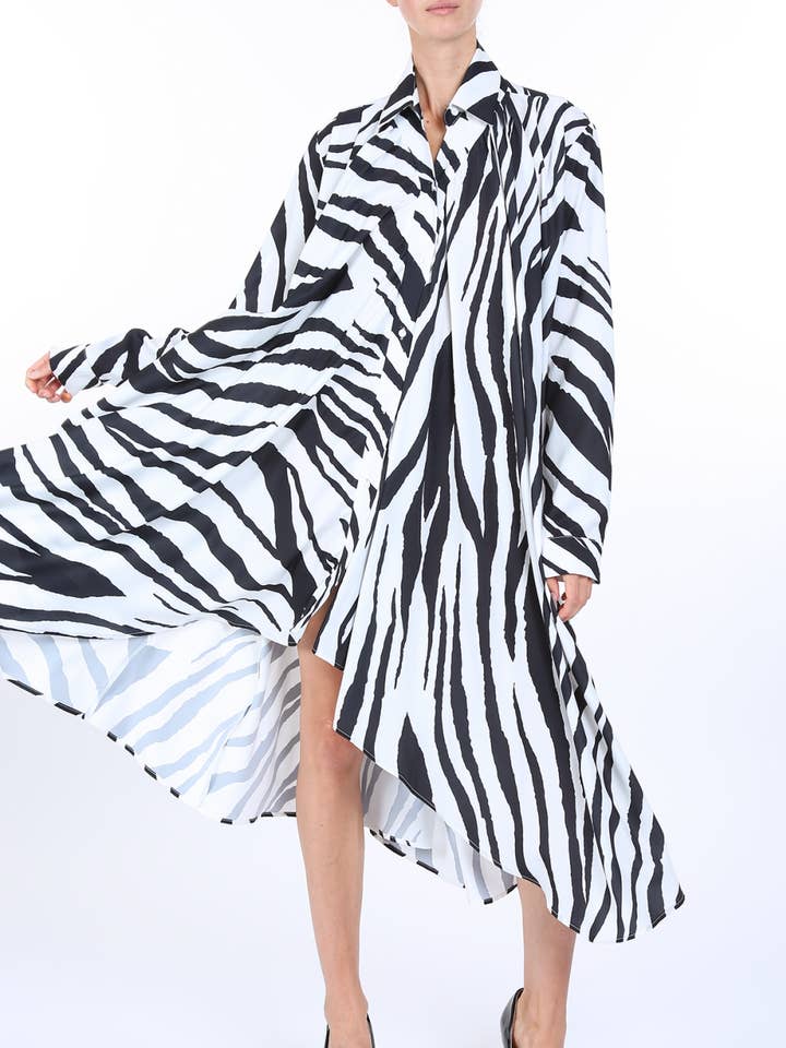 Zebra Print Belted Satin Midi Shirt Dress PE3028 for wholesale by Beulah Style