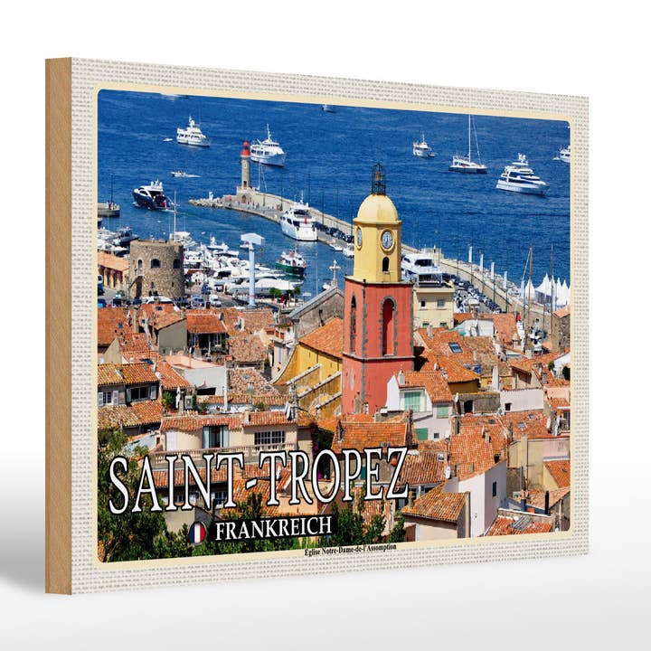 Cartello da viaggio in legno Saint-Tropez Eglise Notre-Dame-de 30x20cm per la vendita all'ingrosso da parte di Femer