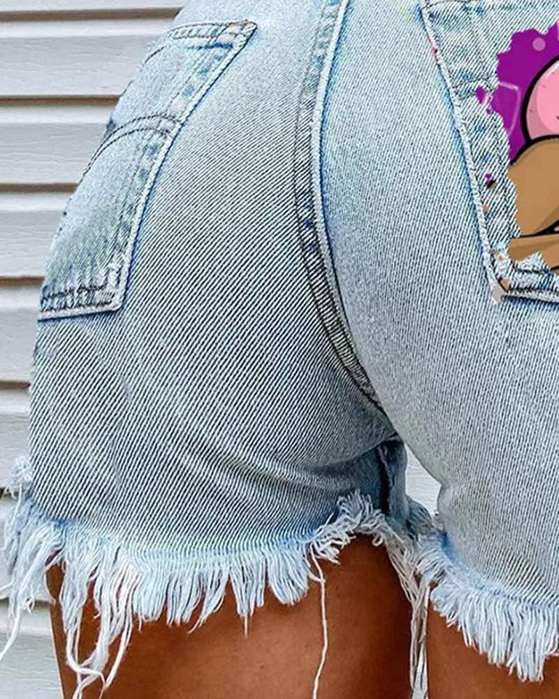 BLUE lip letter print ripped raw hem denim shorts for wholesale on Faire1