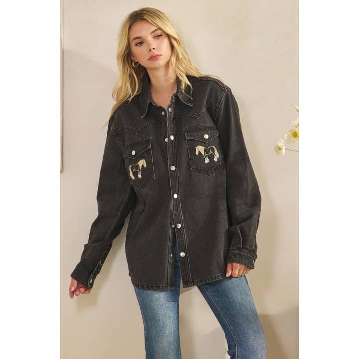 Long Sleeve Denim Jacket with Horse Embroidery for wholesale by BNS