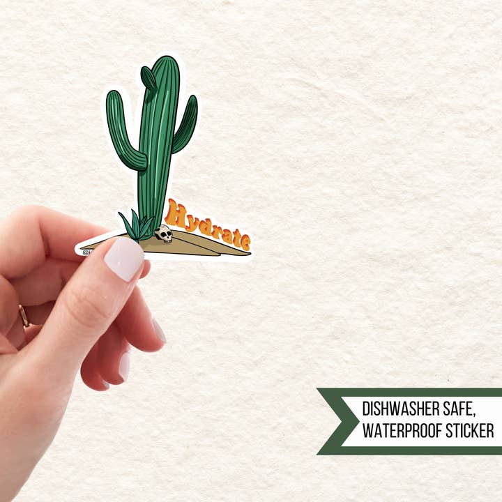 Hydrate Cactus Waterproof Sticker, Southwest Style for wholesale by Hello Kiwi