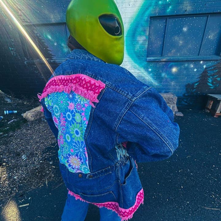 Reworked Denim Fringe Jacket – Funky Western Cowgirl | One-of-a-Kind | Handmade in Arizona for wholesale by The Modern Alien