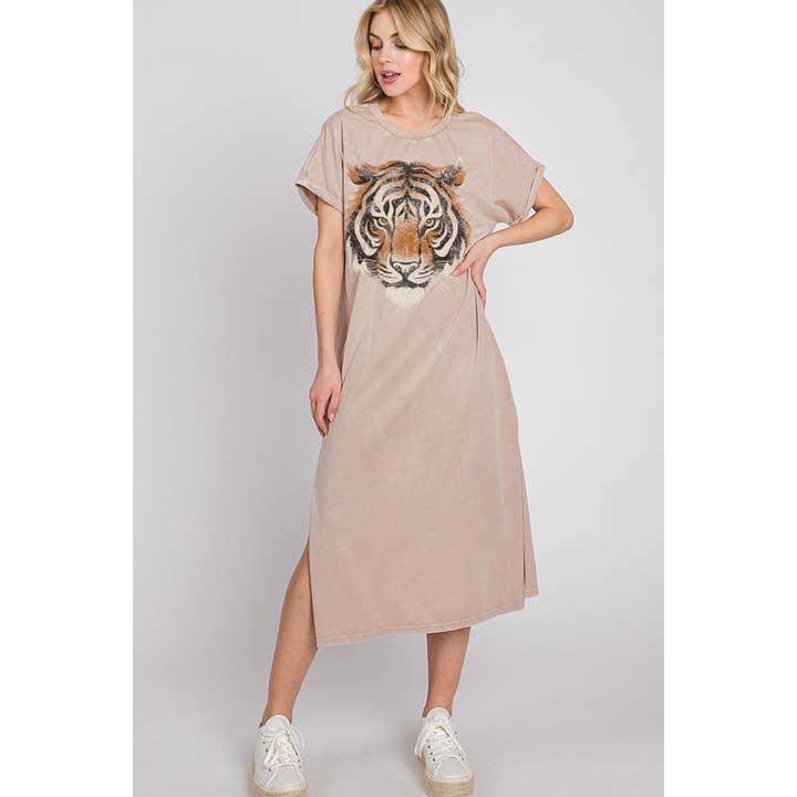 HRTandLUV – Großhandel Kleid – Damen – TIGER-KLEID MIT MINERALMUSTER UND GROSSEM GESICHT