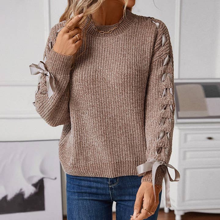 Rosa Clothing - Wholesale Knit Sweater - Women's - Sweet Bow Ribbon Sleeve Pullover Sweater