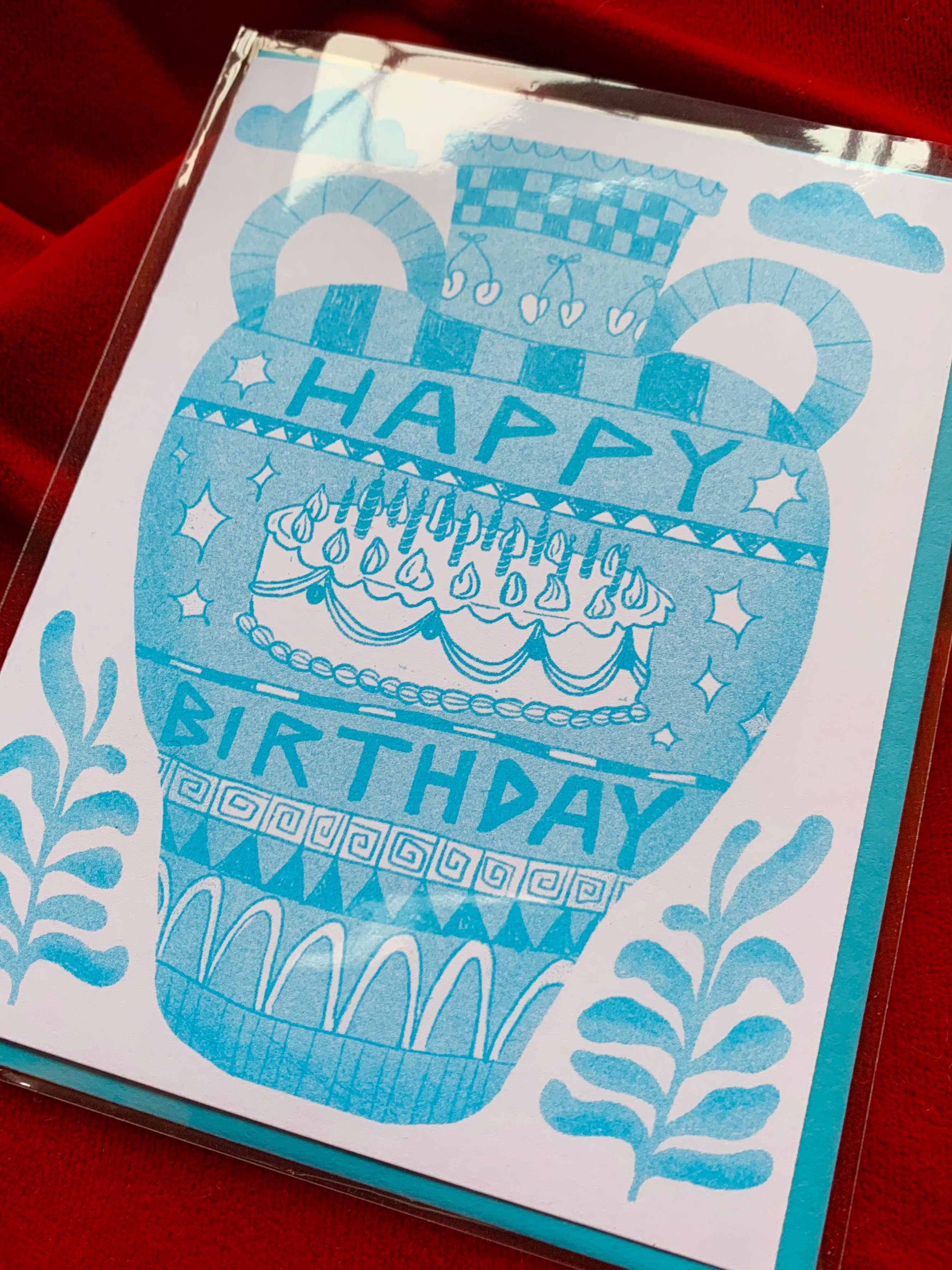 Alex Luciano - Venta al por mayor Tarjetas de cumpleaños - Tarjeta de felicitación Happy Birthday Vessel Risograph A2, color aguamarina1