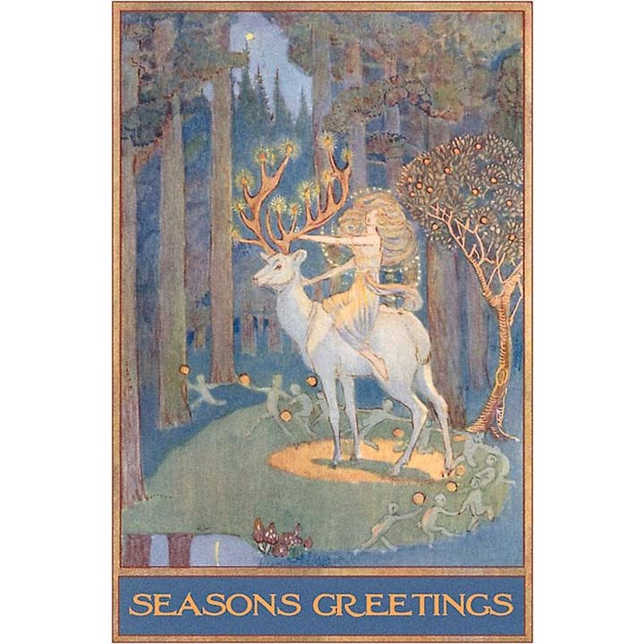 Greeting Card MC-300 Season's Greetings, Woman Riding Deer for wholesale by Found Image Press