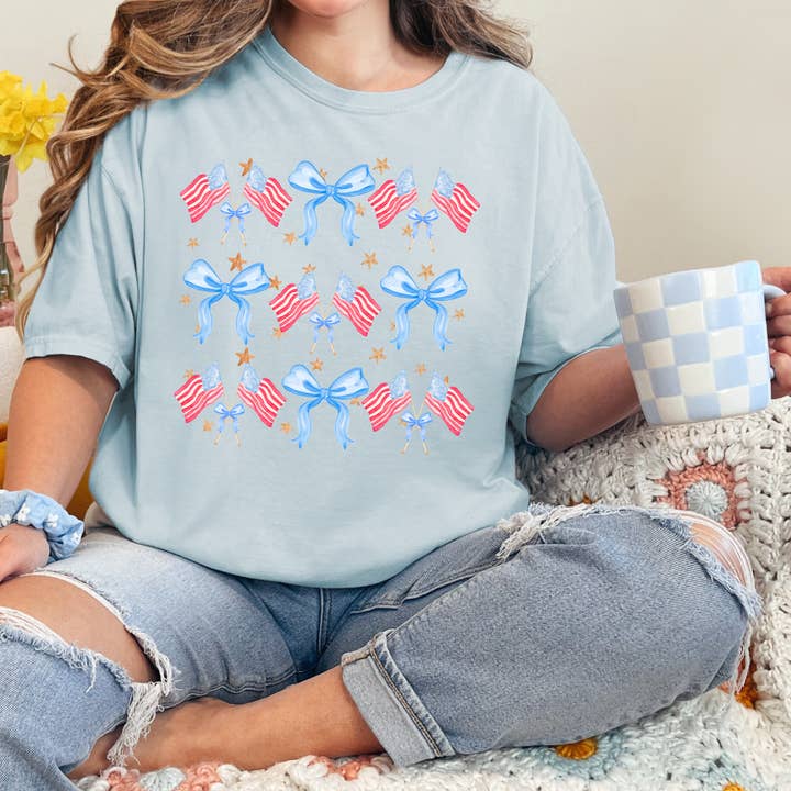Red, White, and Bows Tee for wholesale by Maggie Mae's Trendy Tees