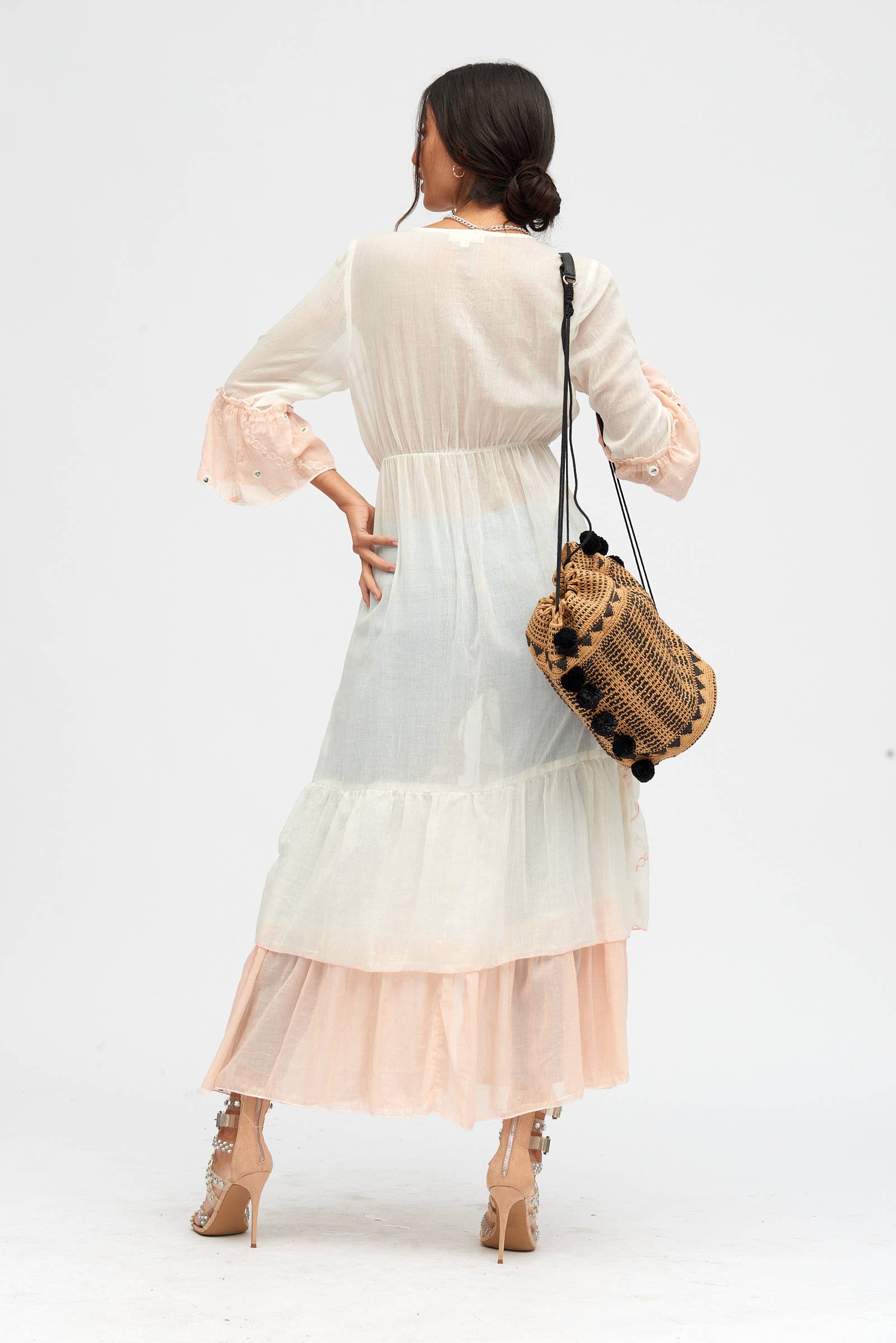 (ROSA - GRÖN AQUA - BEIGE) Lång kimono i 100 % bomull, handbroderad med små speglar för wholesale på Faire2