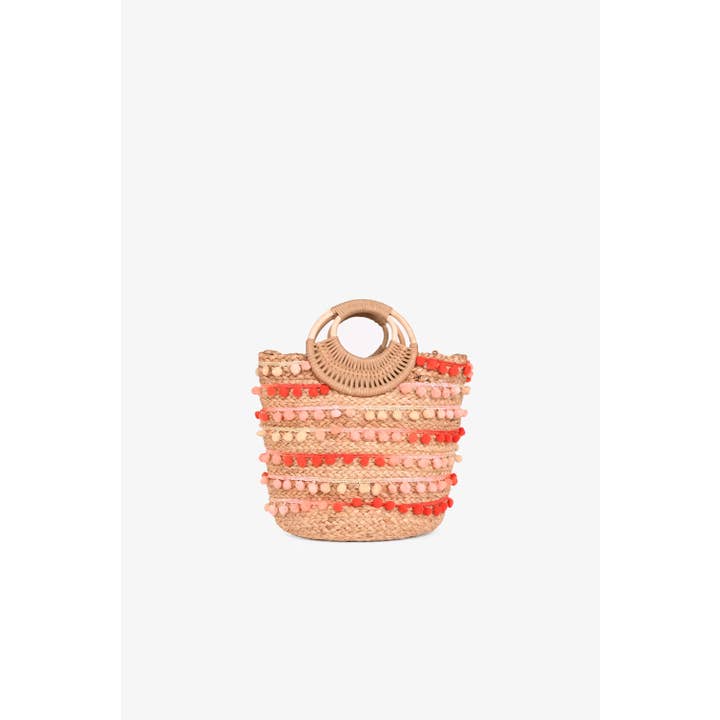 America & Beyond - Wholesale Tote Bag - Women's - Coral Pompom Fiesta Jute Handheld Tote