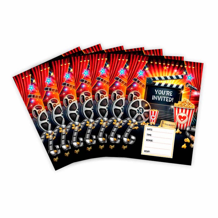Movie Party Film and Popcorn Theme Invitation (14-Pack) for wholesale by Huxters