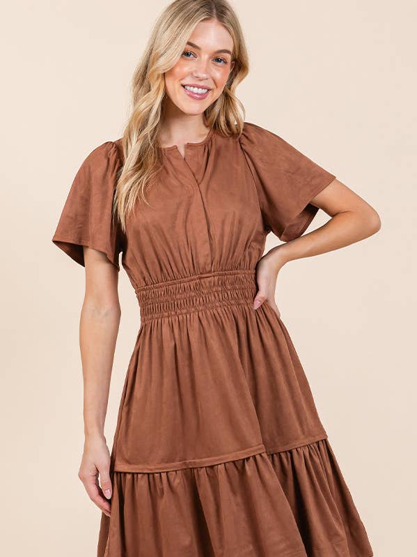 Mocha 2024 NEW - Suede Smocked Waist Short Sleeve Dress for wholesale on Faire