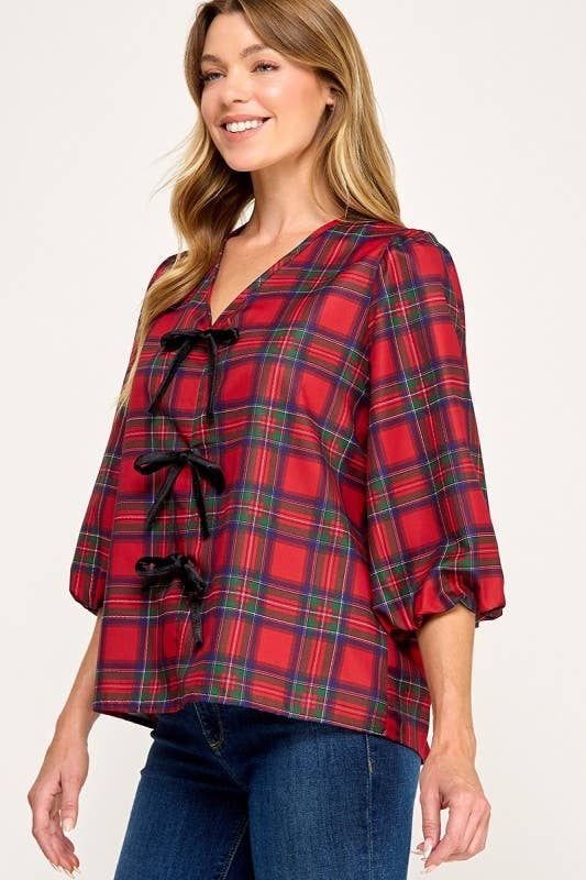 MintChoco - Wholesale Screen Printed T-Shirt - Women's - Plaid Holiday tie front blouse3