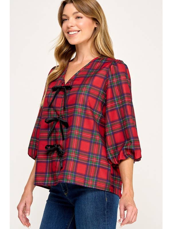 MintChoco - Wholesale Screen Printed T-Shirt - Women's - Plaid Holiday tie front blouse3