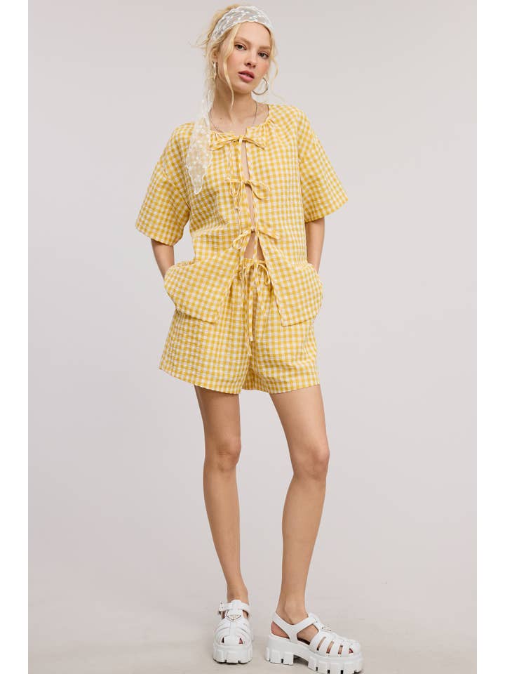 Mimosa - Wholesale Top & Short Set (NOT Loungewear) - Women's - Gingham Open Front Self Tie Top and Shorts Matching Set1