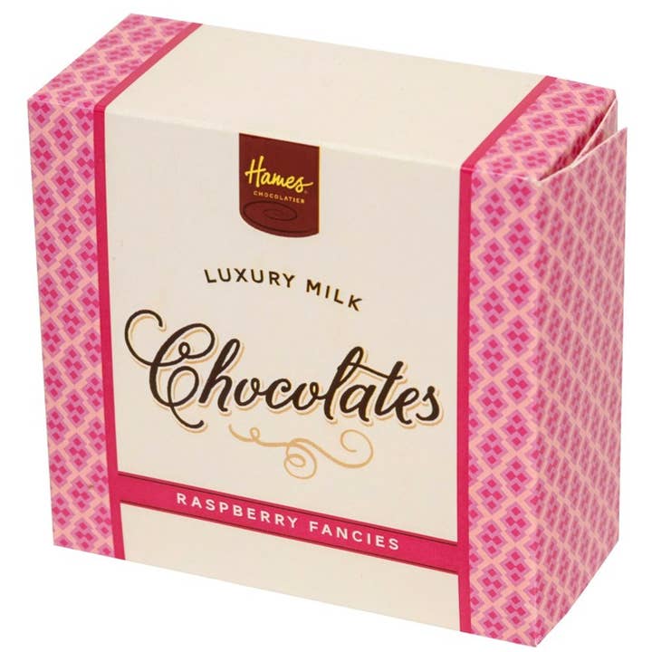 UK ONLY. Luxury Box Of 4 Milk Chocolate Raspberry Fancies for wholesale by Hames Chocolates