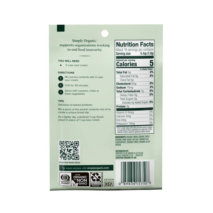 Simply Organic - Wholesale Dip - Onion & Chive Dip Mix, Certified Organic, Kosher, 1 Oz1