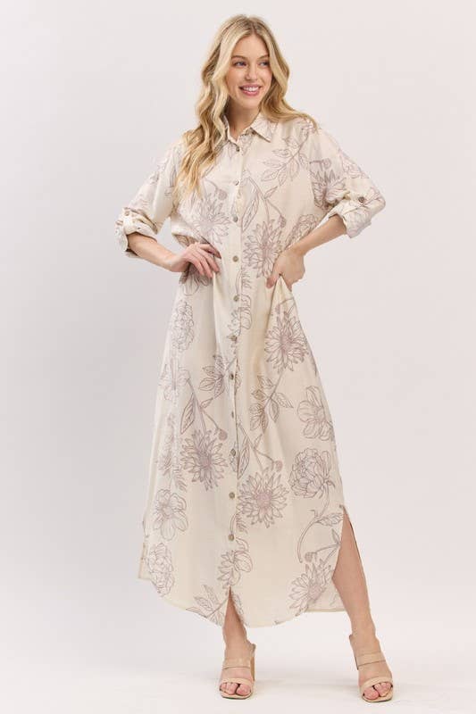 Pink Irene Wholesale - Wholesale Dress - Women's - Women Woven Floral Print Button-Down Maxi Dress3