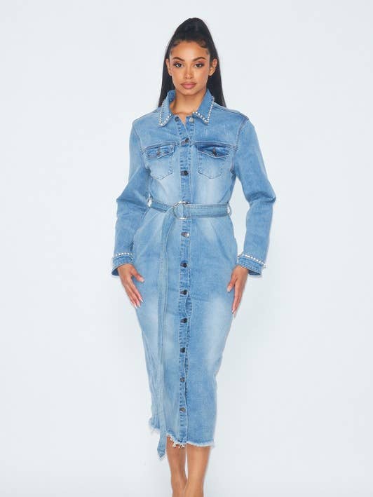 Rhinestone Denim Long Dress Shirt Coat - HOEA833 for wholesale by House of E ATL LLC