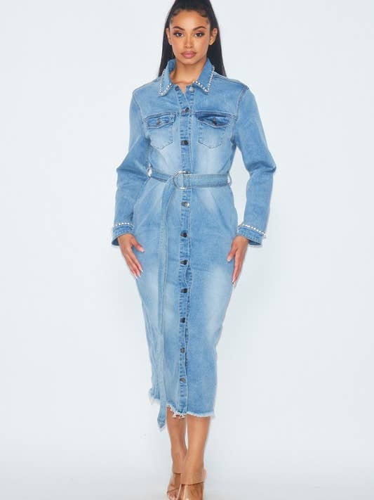 Lange overhemdjas van denim met strass - HOEA833 voor wholesale door House of E ATL LLC