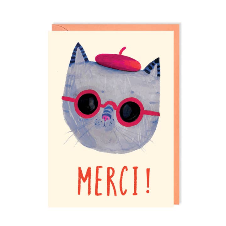 Thank You Cat Merci Greeting Card for wholesale by Charley Rabbit Cards