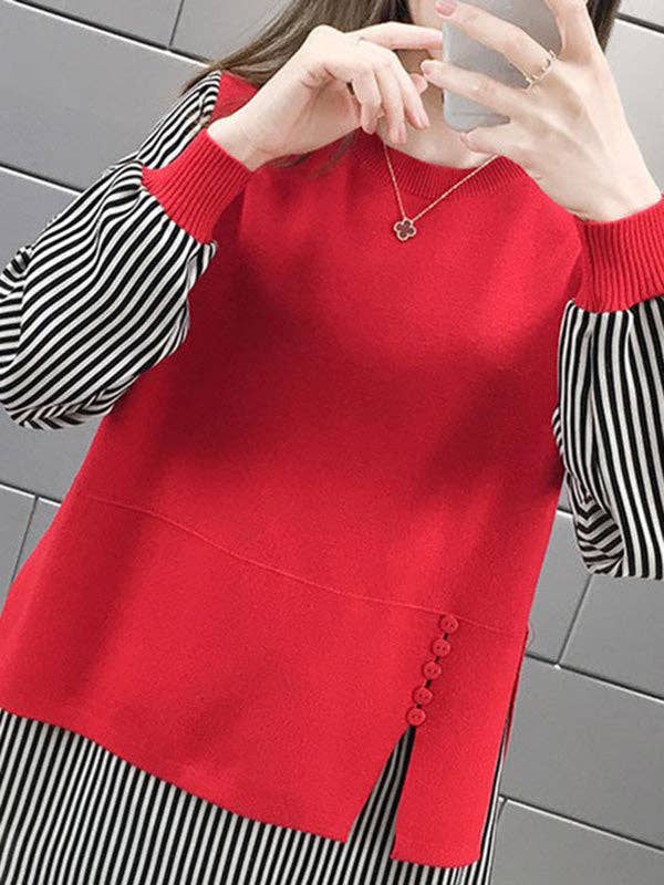 ShieldChic - Wholesale Knit Sweater - Women's - Original Loose Split-Joint 5 Colors Striped Round-Neck Long Sleeves False Two Sweater Top12