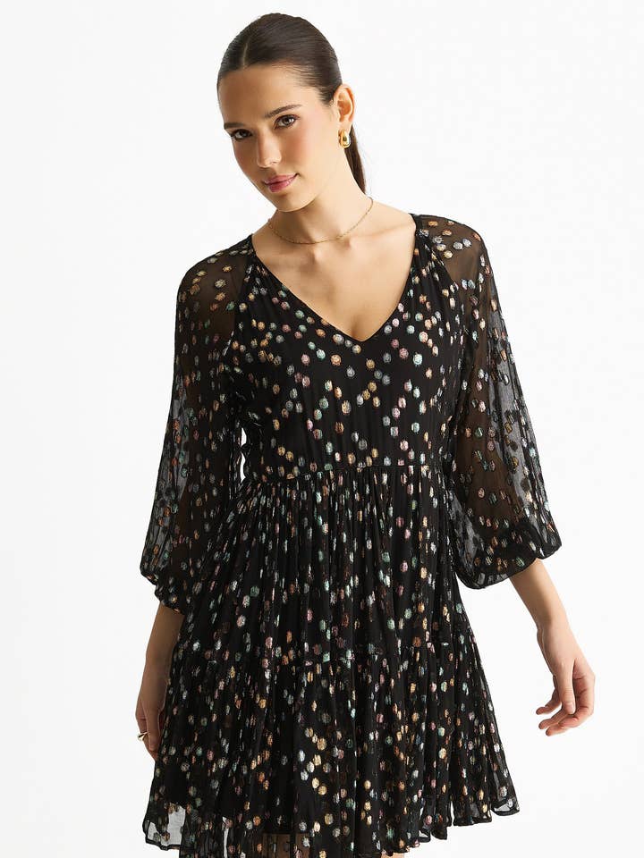 Black Multicolored Polka Dot Tiered Dress for wholesale by GINI LONDON