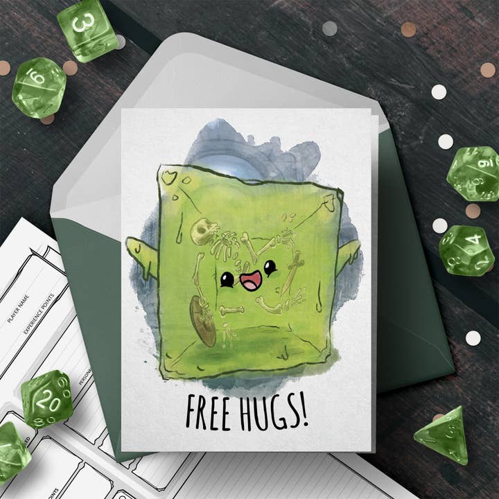Grußkarte „Free Hugs“, Gelatinous Cube, Nerdy für den Großhandel von Aaron Millard Illustration