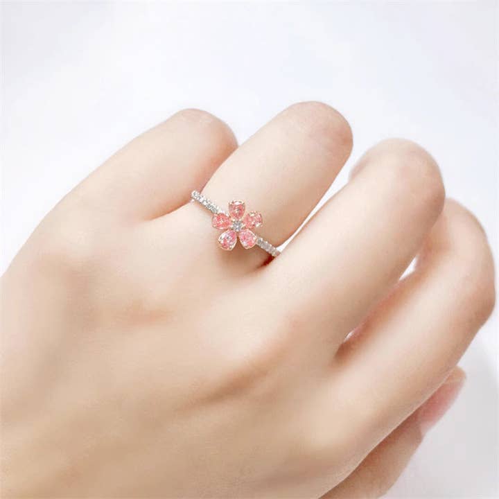 Perimade & Co. LLC - Wholesale Multi-Stone Ring - Pink Cherry Blossom Flower Band Ring in 925 Sterling Silver1