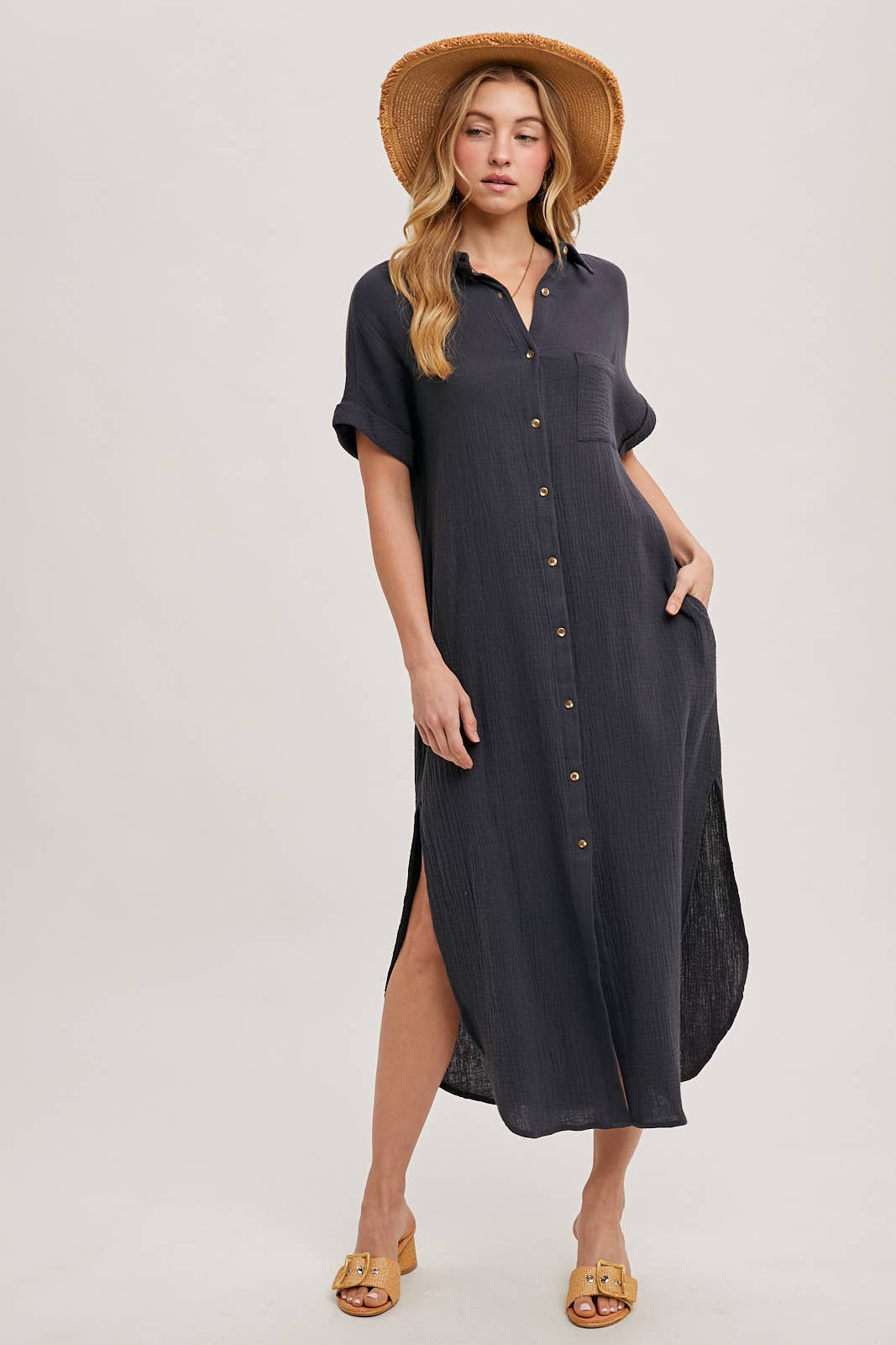 Bluivy - Wholesale Dress - Women's - BUTTON UP MAXI SHIRT DRESS WITH POCKET0