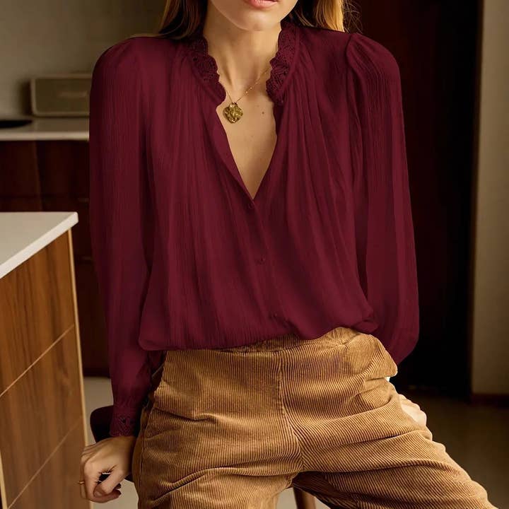 Women Elegant Lace Trim Long Sleeve shirt Blouse for wholesale by EmberLoom