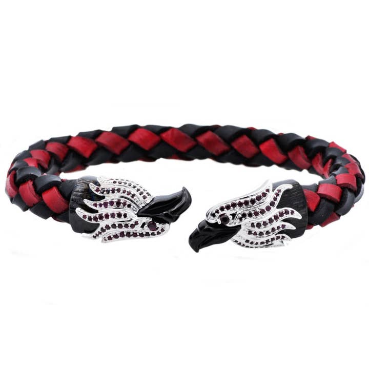 Men's Red And Black Leather Black Stainless Steel Eagle Bracelet With Black Cubic Zirconia for wholesale by Blackjack Mens Jewelry