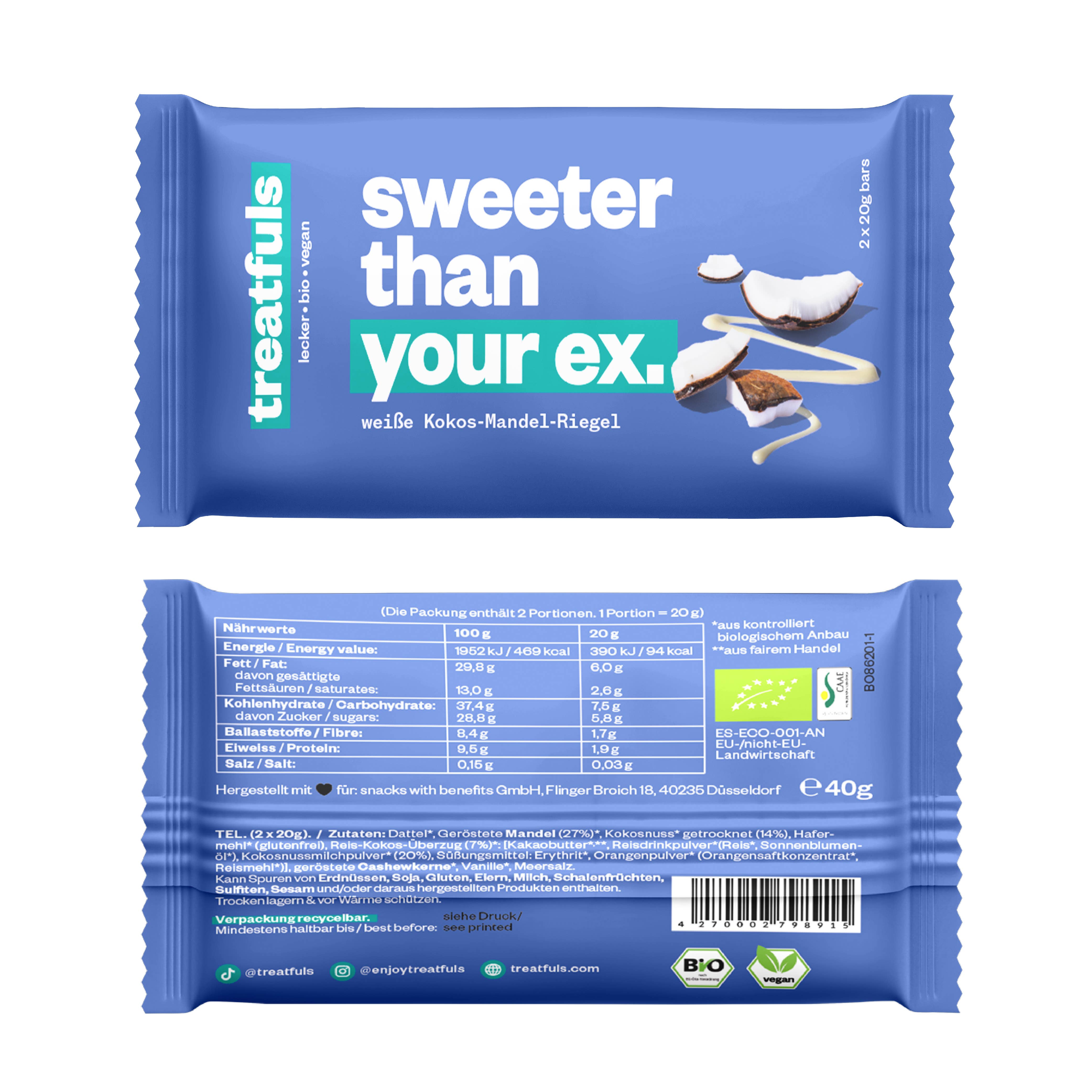 treatfuls – Engroshandel Chokoladebar – Økologisk hvid chokolade kokosmandelbar - vegansk og glutenfri1