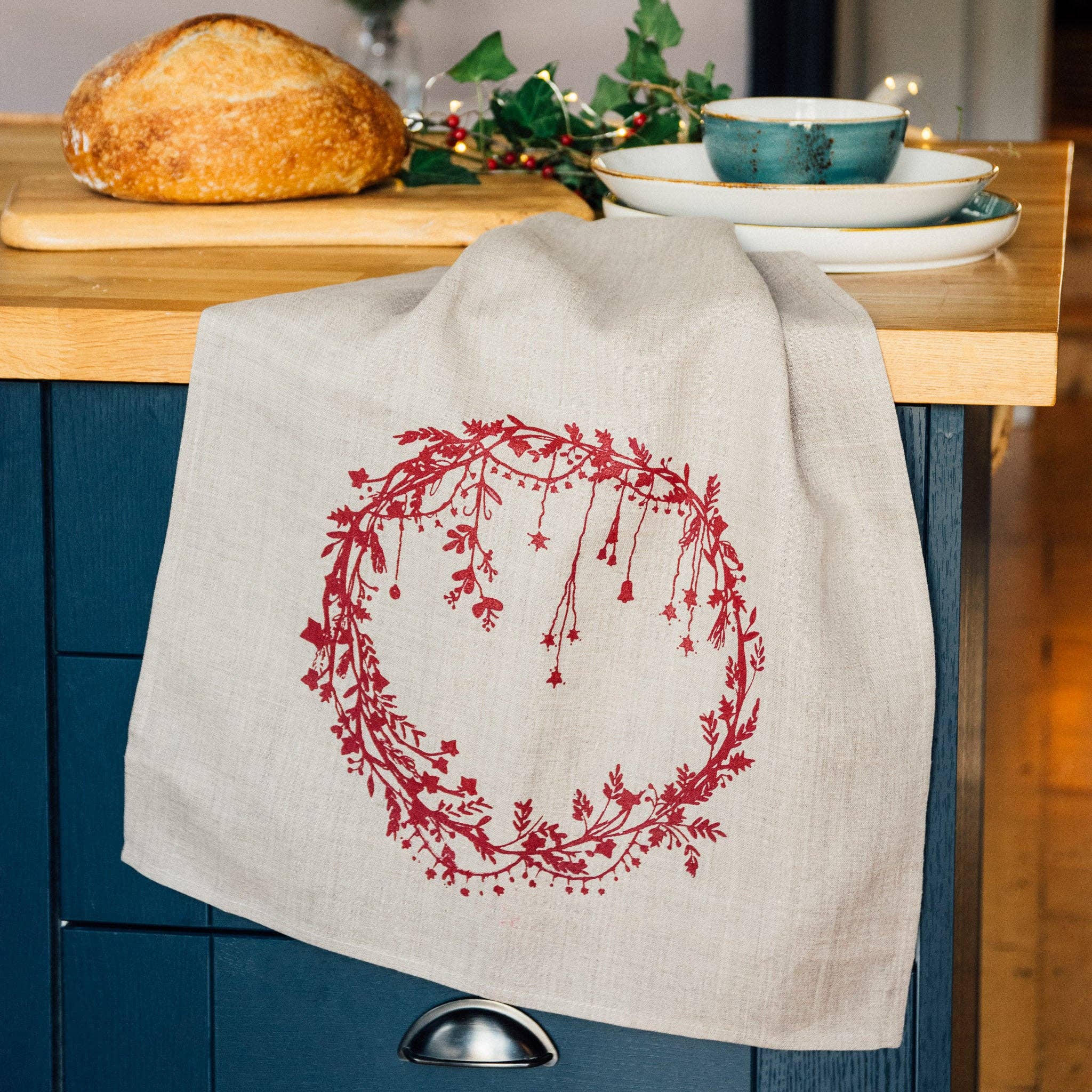 Helen Round - hand printed linen and bamboo wellness - Wholesale Tea Towel - Linen Tea Towel Handprinted Christmas Design - Kitchen Towel2