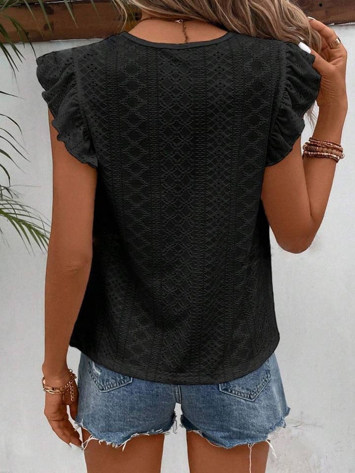 NINEXIS - Wholesale Blouse - Women's - CWTBLS0605_ ROUND NECK LACE RUFFLE SHORT SLEEVE BLOUSE TOP13