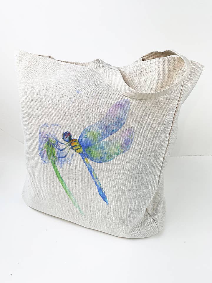 Grote linnen/canvas draagtas - On the Wing - Blauwe Libelle voor wholesale door Oladesign