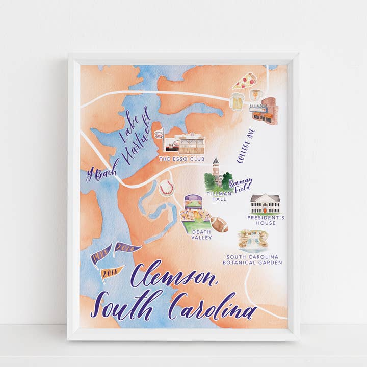 Clemson, South Carolina Watercolor Map for wholesale by Five and Two Studio