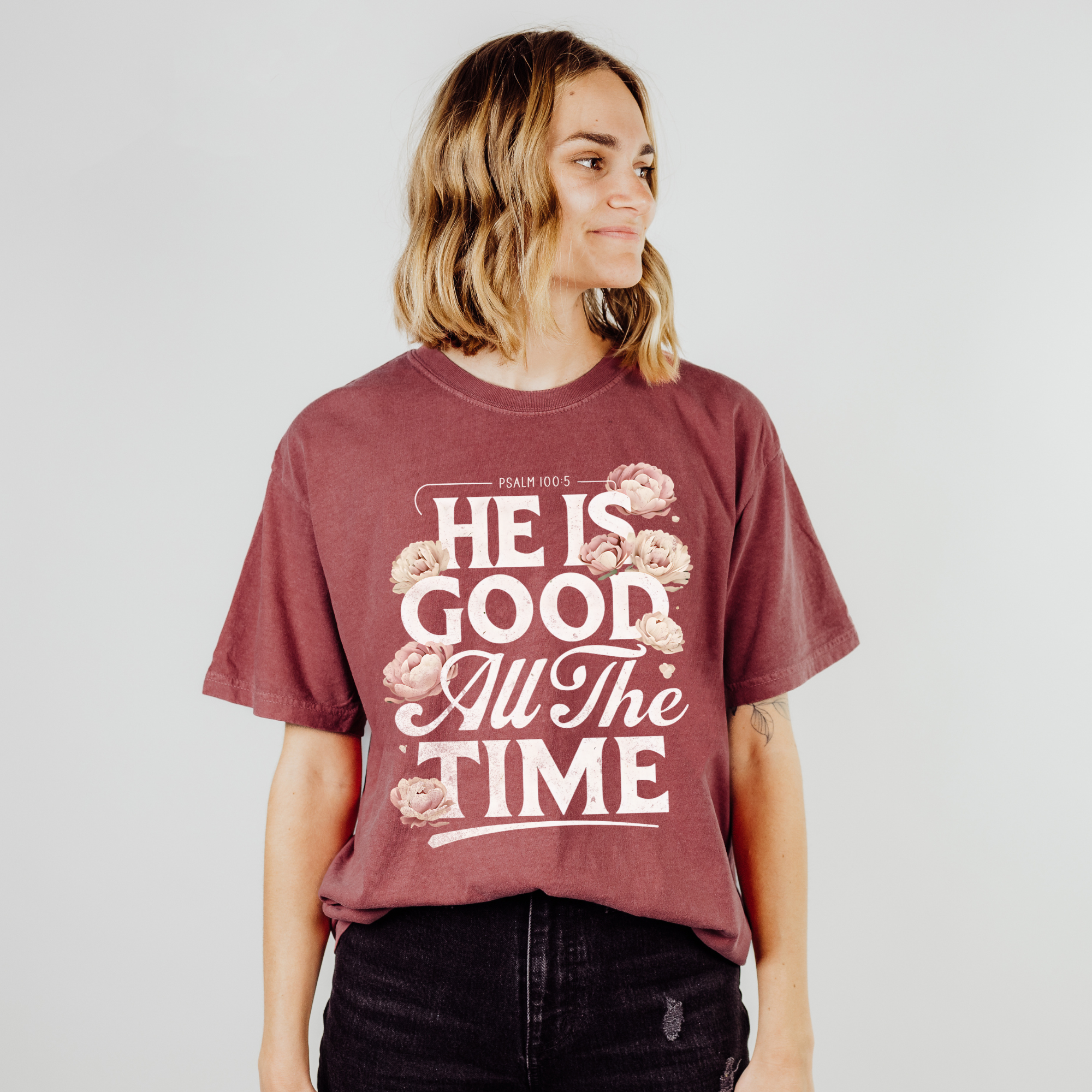 Scripted Pearl - Wholesale Screen Printed T-Shirt - Women's - God Is Good All The Time Comfort Colors Christian T Shirt1