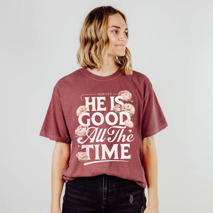 Scripted Pearl - Wholesale Screen Printed T-Shirt - Women's - God Is Good All The Time Comfort Colors Christian T Shirt1