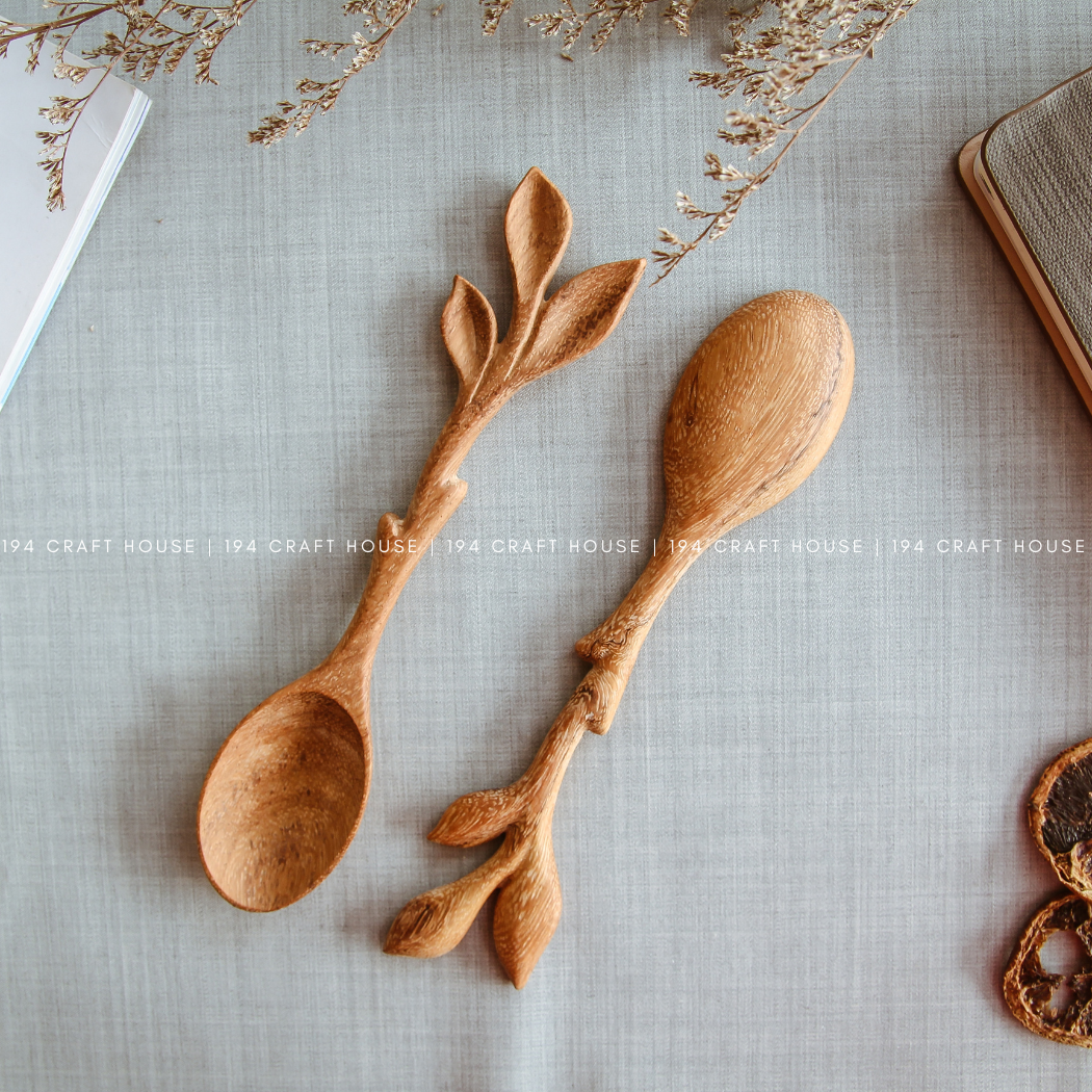 194 Craft House - Wholesale Serving Utensil - Artisan Leaf Handle Wooden Spoon - Kitchen Serving Utensils3