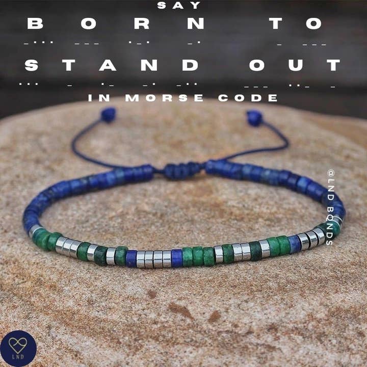 Morse code BORN TO STAND OUT Lapis Lazuli gemstone bracelet, Motivational Inspirational Adjustable Bracelet, Autism Awareness, Encouraging for wholesale by LND Bands