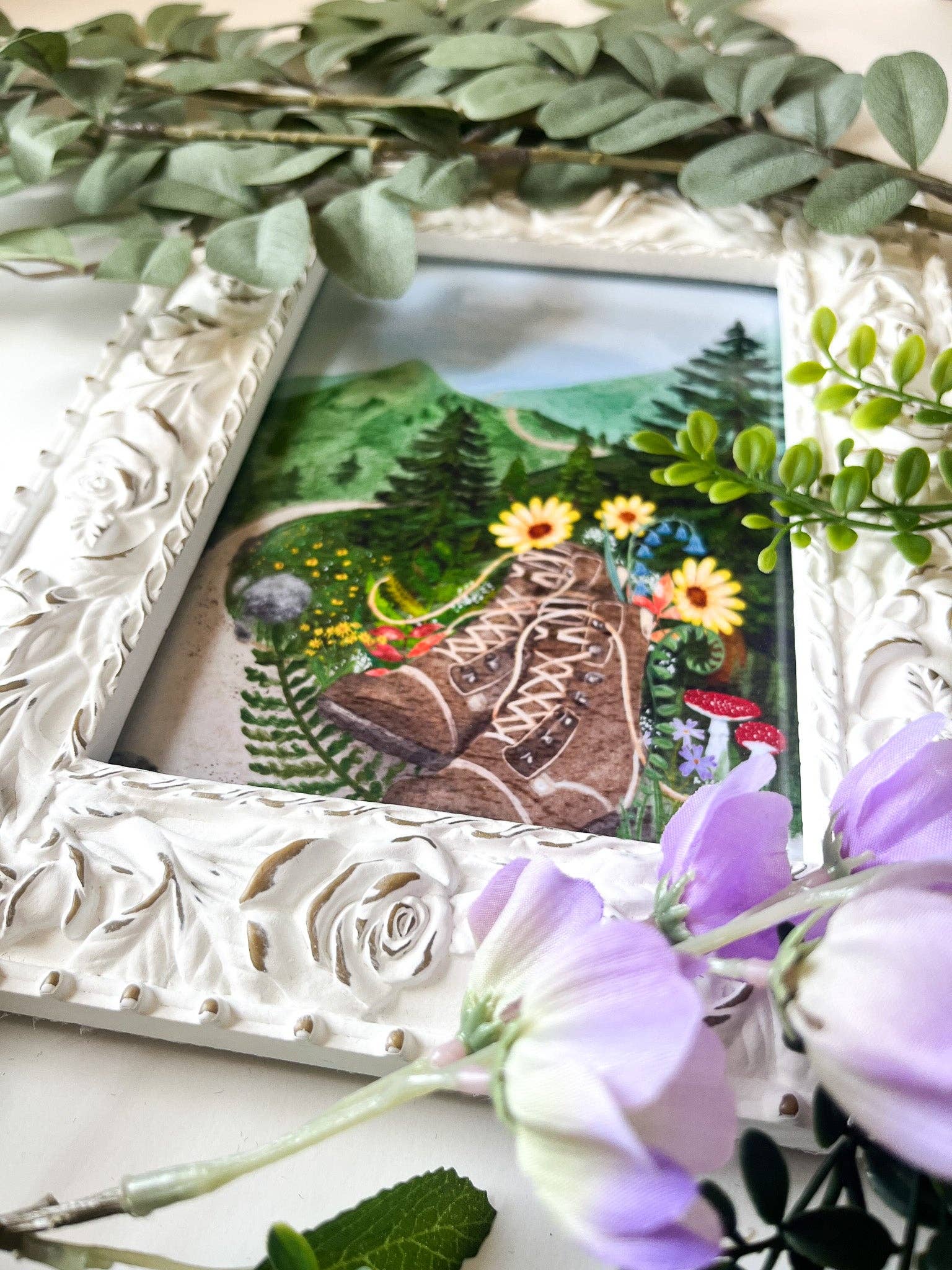 glad you're here co - Wholesale Art Print - Forest Journey Art Print – Hiking Boots & Wildflower Scene | Satin-Finish Photo Paper, 5×7 • 8×10 • 11×14 (Quote Option Available)4