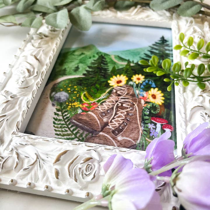 glad you're here co - Wholesale Art Print - Forest Journey Art Print – Hiking Boots & Wildflower Scene | Satin-Finish Photo Paper, 5×7 • 8×10 • 11×14 (Quote Option Available)4