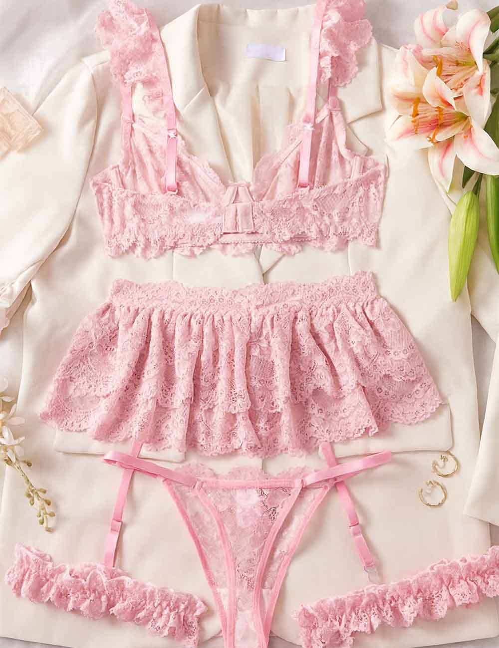 Rosa Chiaro Set di lingerie sexy da donna con giarrettiera a balze in pizzo a strati 4 pezzi in vendita all'ingrosso su Faire1