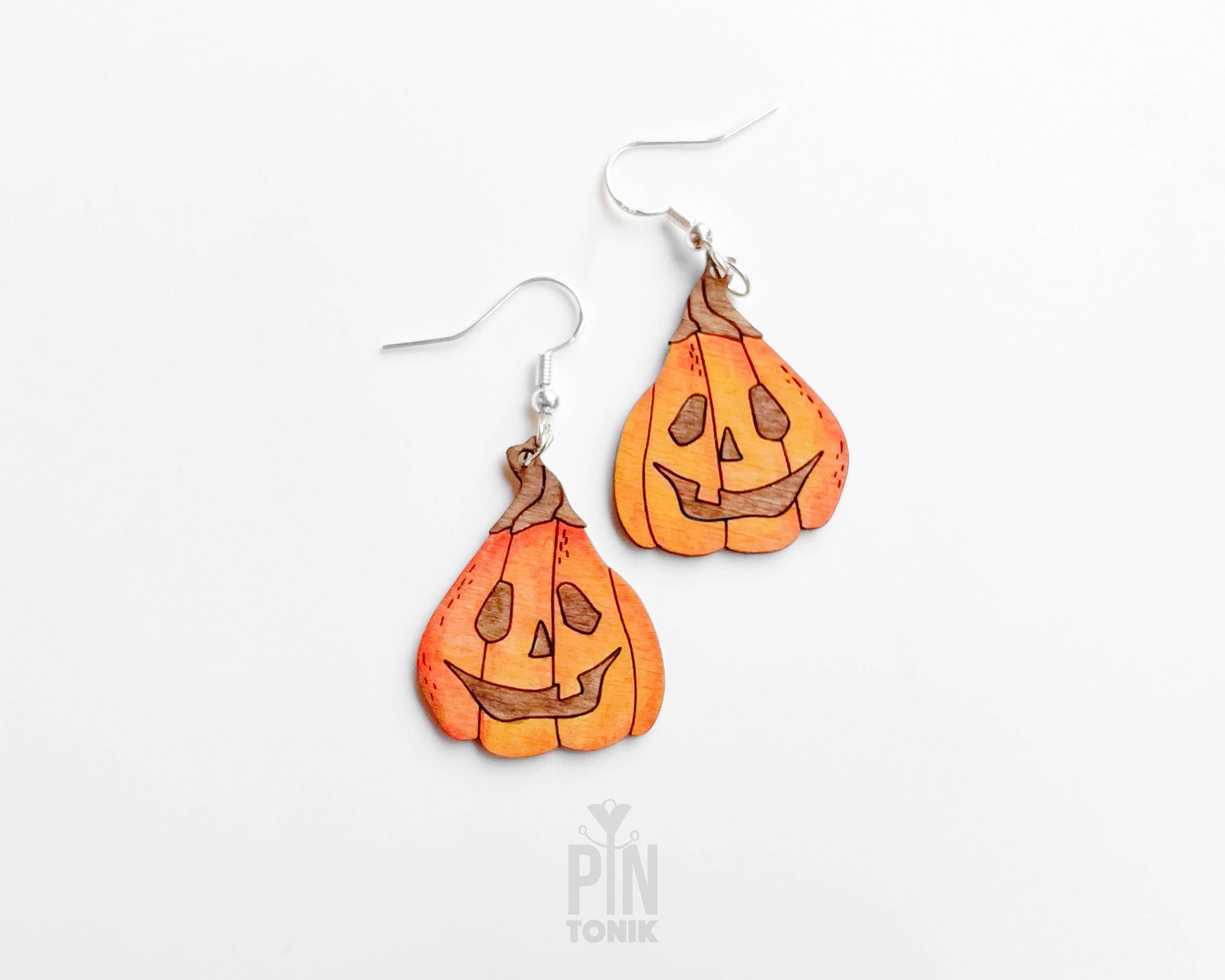 PinTonik - Vente Boucles d'oreilles pendantes - Boucles d'oreilles en argent sterling Jack O Lantern Spooky Wood0