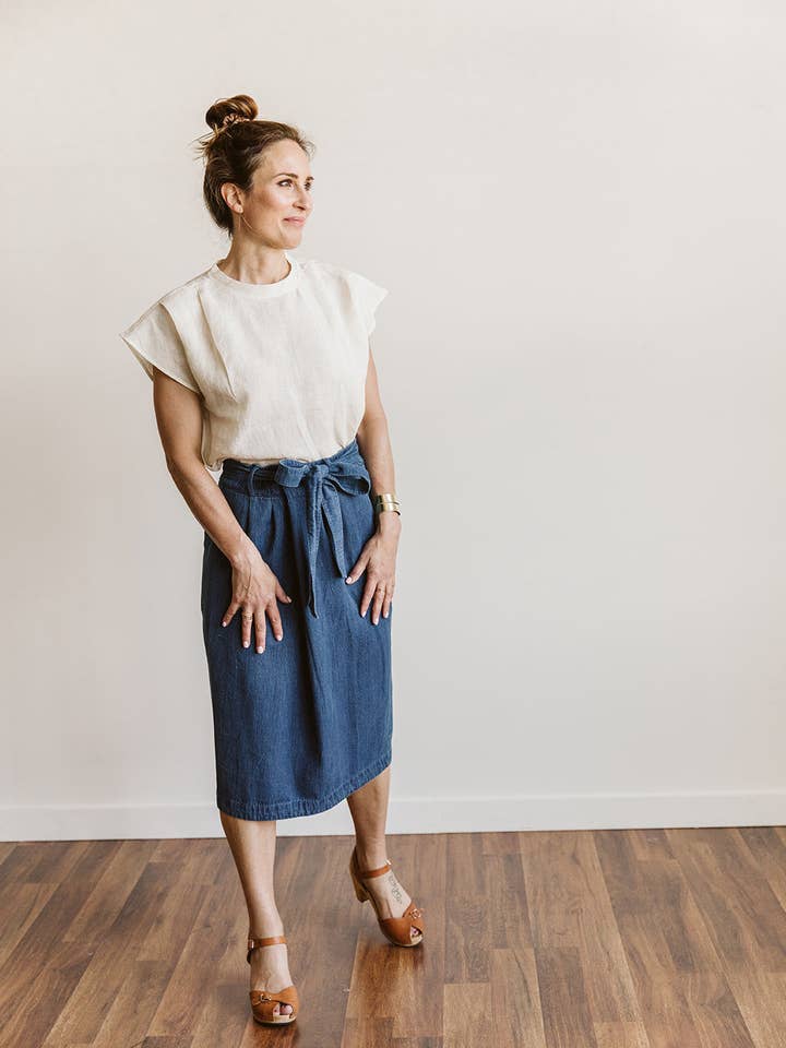 Indigo dye Phoebe Origami Waist Skirt for wholesale on Faire